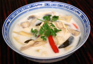 Tom Kha Gai, a Thai coconut milk soup with lemon grass and galangal